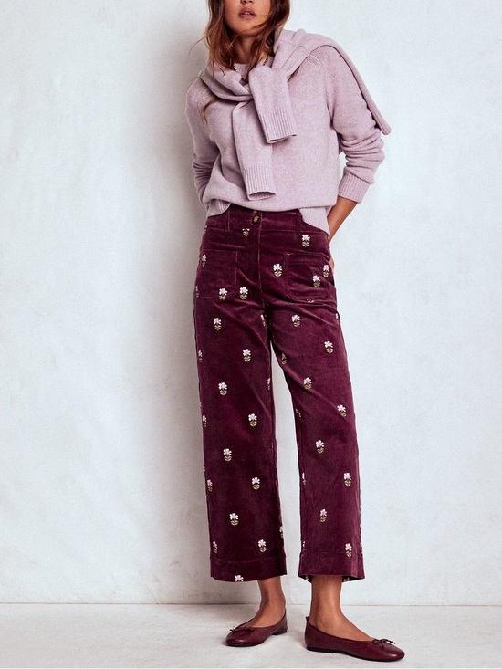 Boden Pants - NWT BODEN Primrose Cord Pants Wide Leg Dark Cherry Embroidery Size 10